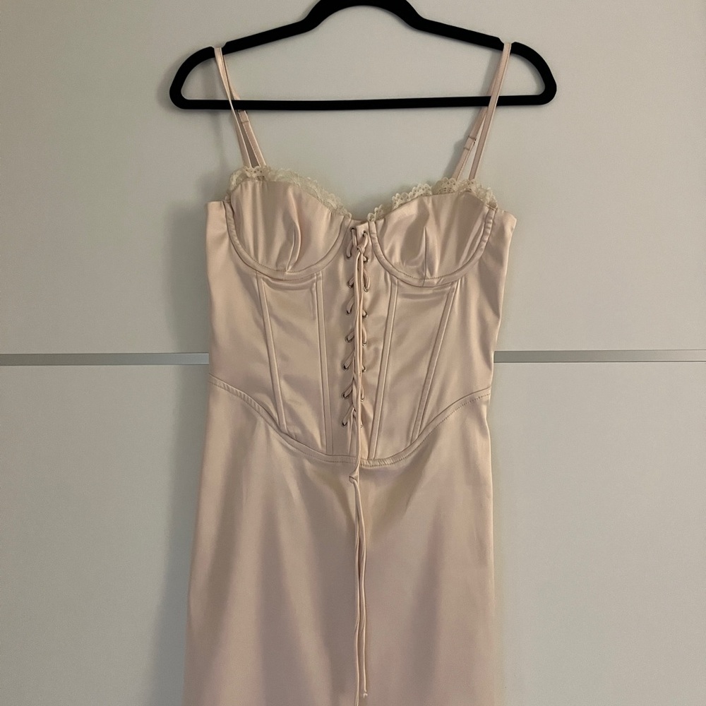 Edikted Blush Lace-Trim Satin Mini Dress